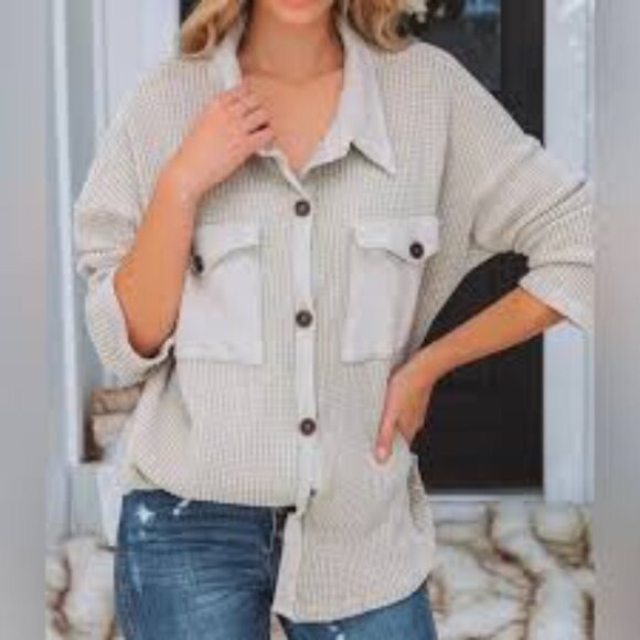 Bucketlist Green Oversized Waffle Knit Long Sleeve Shacket Top Womens Size M/L - Picture 1 of 5